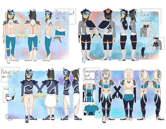 4 uniform sets I designed for my comic characters.